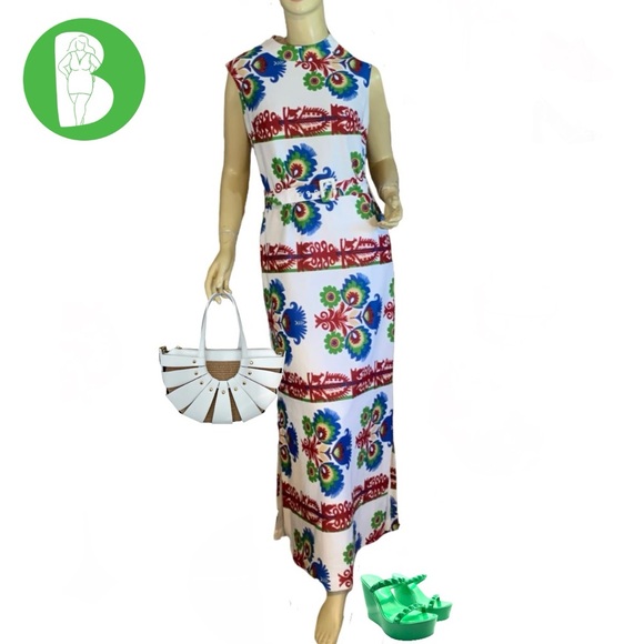 VINTAGE 1970'S HONEYCOMB WHITE, RED, GEEEN & BLUE FLORAL PRINT MAXI DRESS (14/L) - Picture 1 of 12